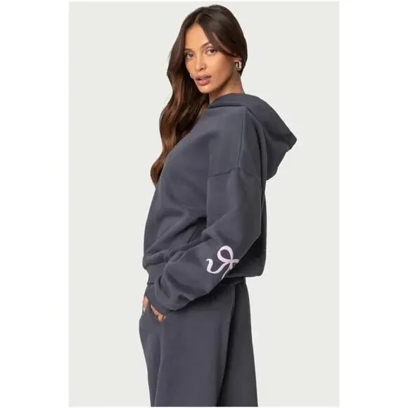 NWT Edikted Bonney Bow Detail Hoodie Dark Gray Oversized Lounge Couquette Sz XS - Picture 3 of 5